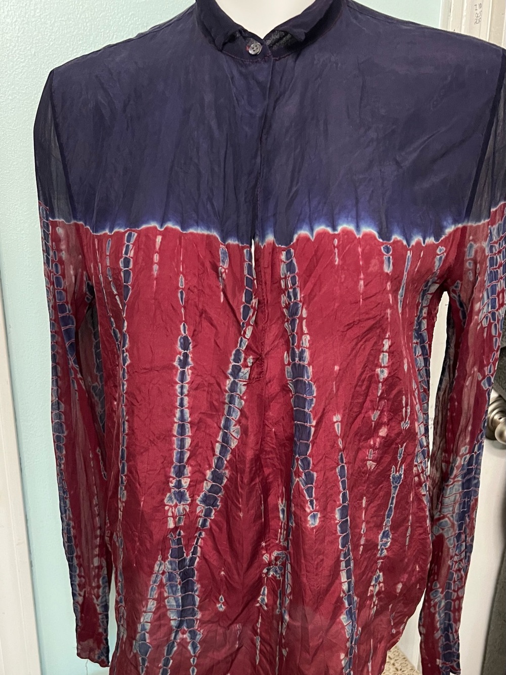 Silk Tie-Dye Long Sleeve Women's Top in Maroon and Navy - Picture 1 of 5